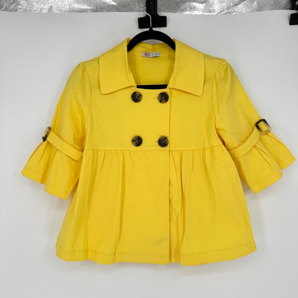 VTG Glam Bright Yellow Double Breasted Trench Cropped Jacket Y2K Coquette